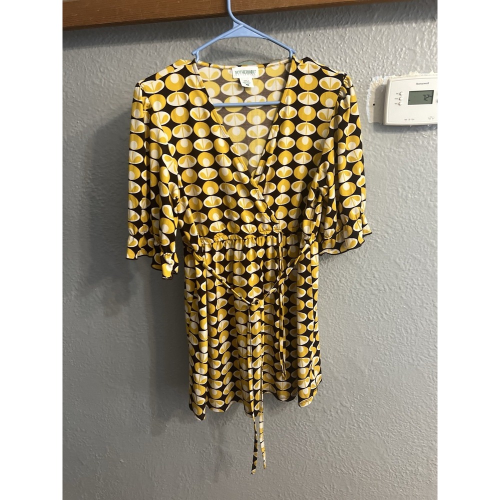 Motherhood Maternity Short‎ Sleeve Shirt White Brown Yellow Womens Size Large